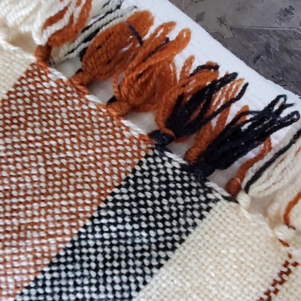 We Three Weavers Handwoven 100% Wool Cream/Black/Terra Cotta Plaid Throw Blanket